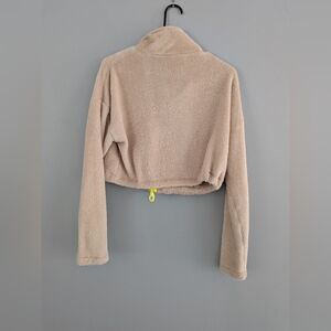 Urban Outfitters XS Beige Cropped Sherpa Fleece Pullover Half Zip Neon Detail